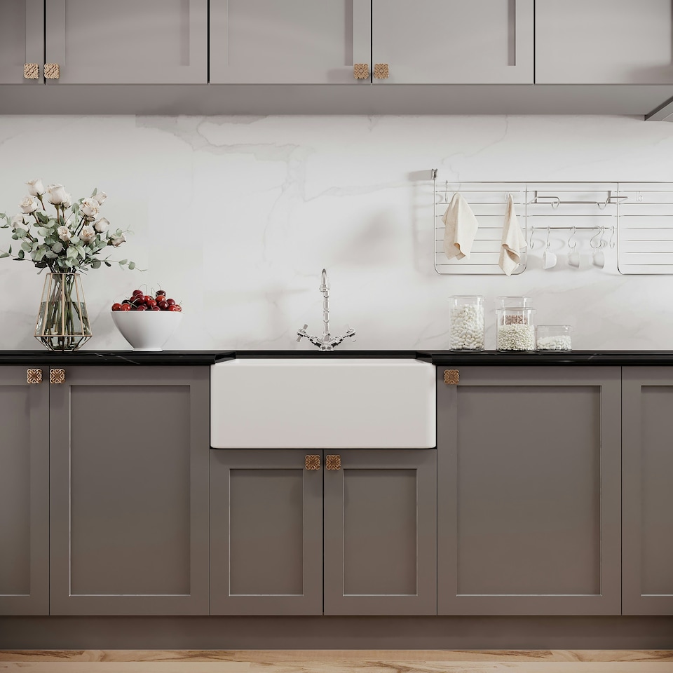 image 1 of Fireclay 595mm Single Bowl Butler Kitchen Sink with Overflow, Classic Tap & Waste in White Ceramic by Balterley