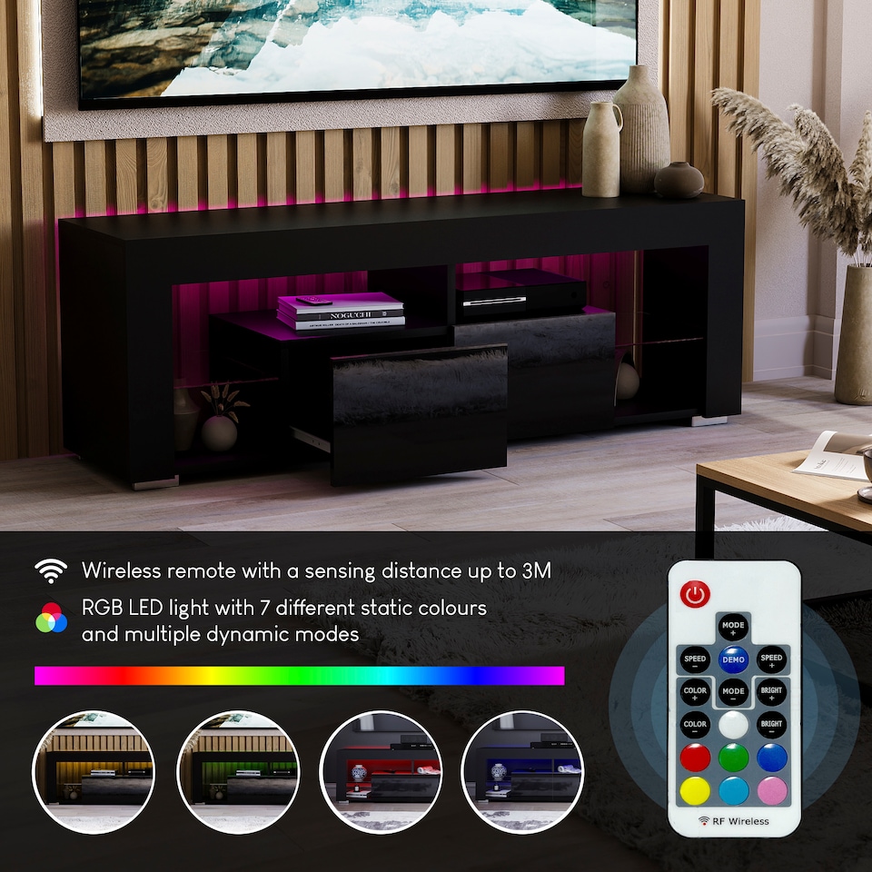 image 1 of Vida Designs Luna 2 Drawer LED TV Unit Entertainment Stand, Grey | Black | 1