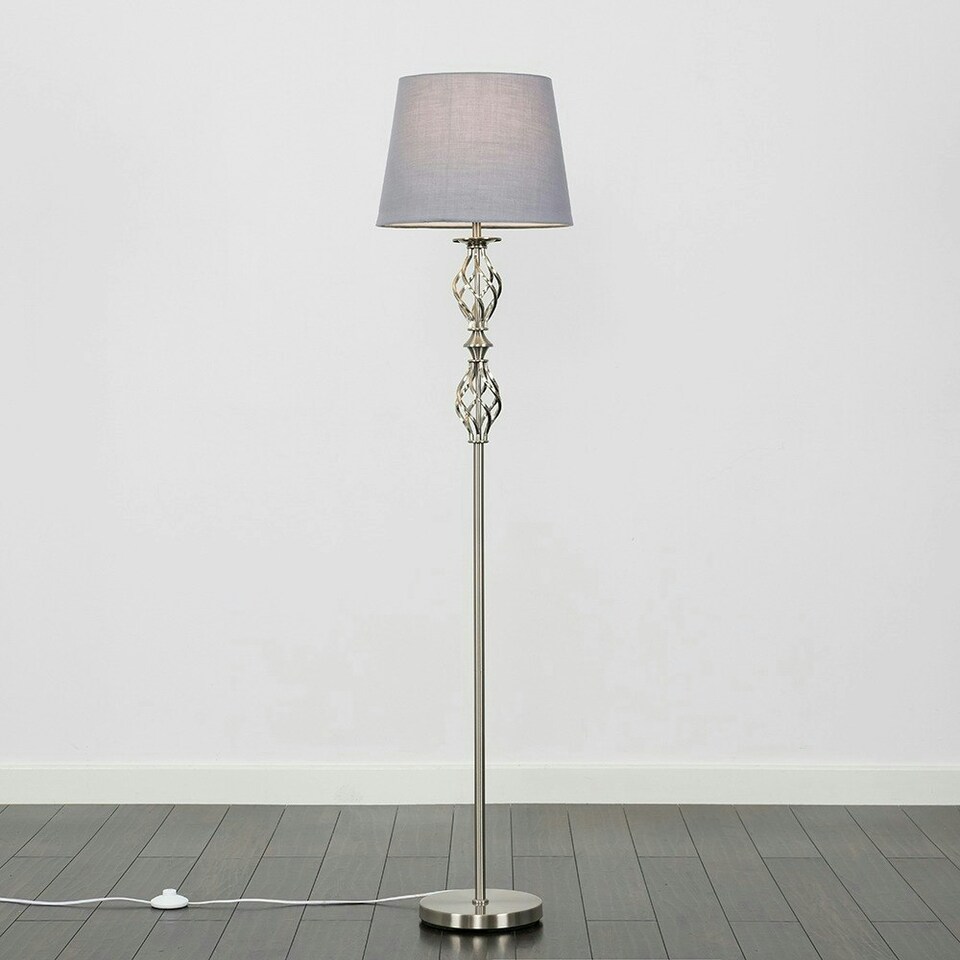 image 1 of ValueLights Pembroke Brushed Silver Floor Lamp with Medium Grey Tapered Shade and LED Bulb Grey