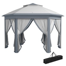 Outsunny 3x4m Hexagon Gazebo w/ Mesh Curtains Outdoor Garden, Khaki