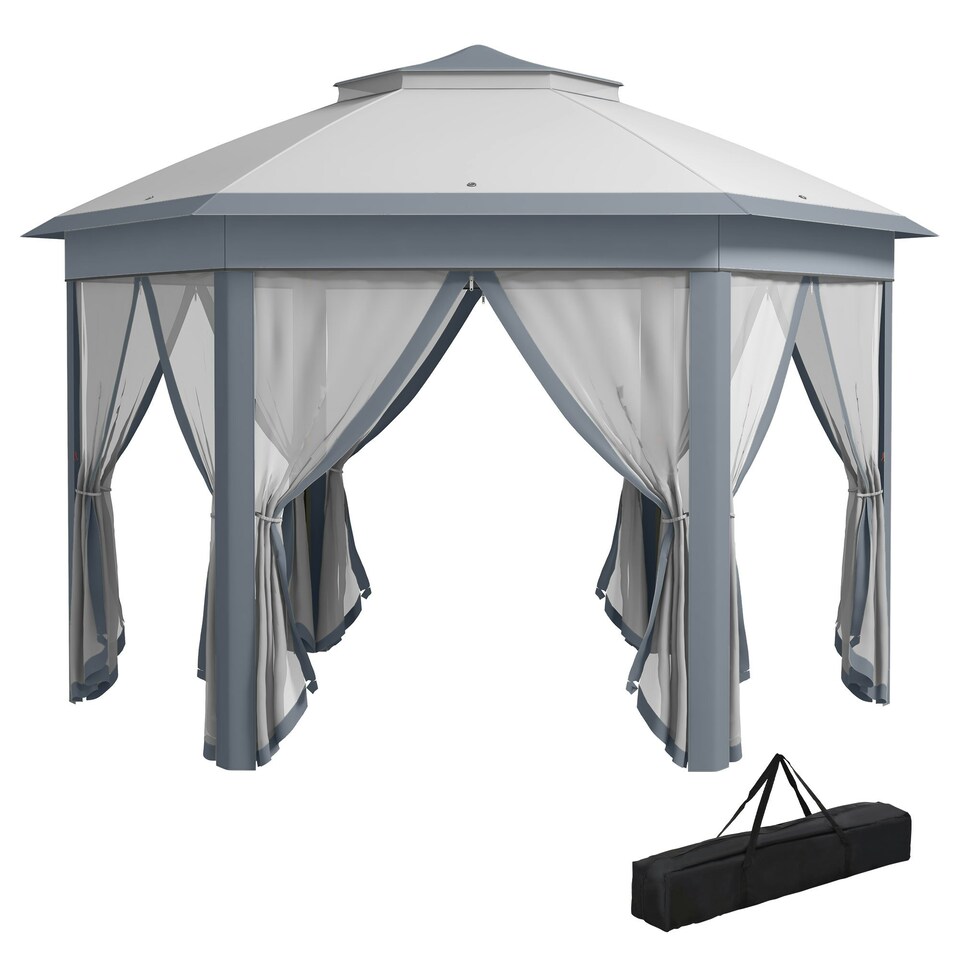 image 1 of Outsunny 3x4m Hexagon Gazebo w/ Mesh Curtains Outdoor Garden, Khaki