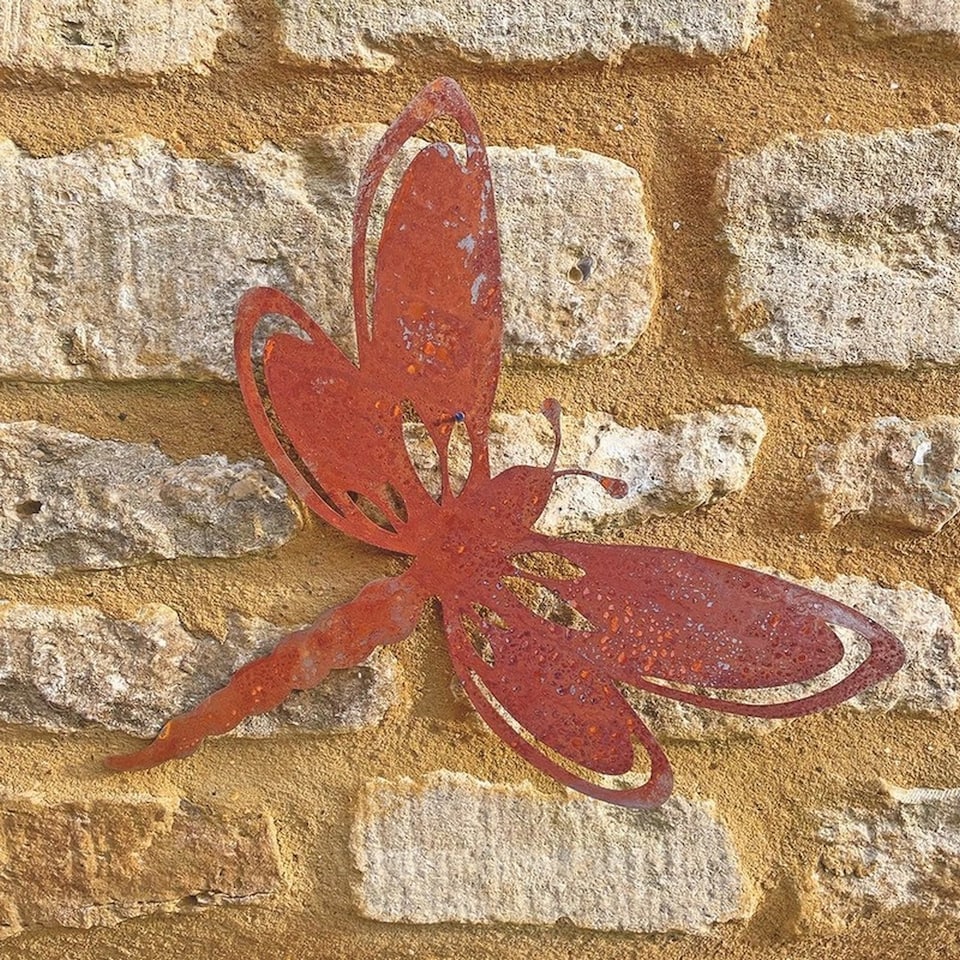 image 1 of Folded Wings Dragonfly Garden Art - W29.2 x H25.4 cm - Bare Metal/Ready to Rust