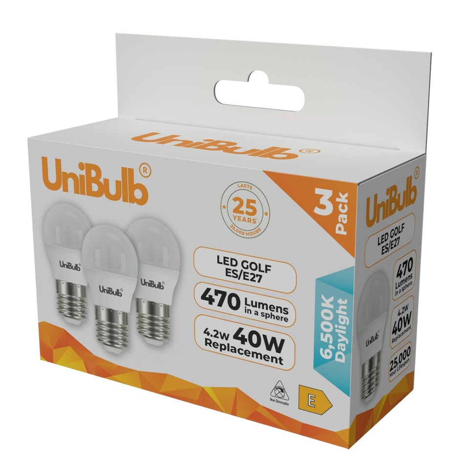 image 1 of UniBulb LED Golf Ball E27 470lm 4.2W 6500K (Daylight) Light Bulb - Pack of 3