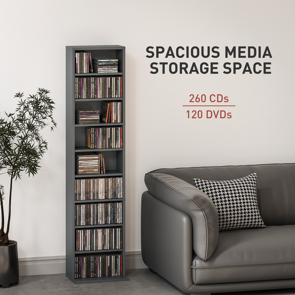 image 1 of HOMCOM 260 CD120 DVD Storage Unit, Blu-ray Media Storage Shelf with 9 Compartments and 6 Adjustable Shelves, CD Tower for Living Room, Bedroom, Office, Grey | Grey