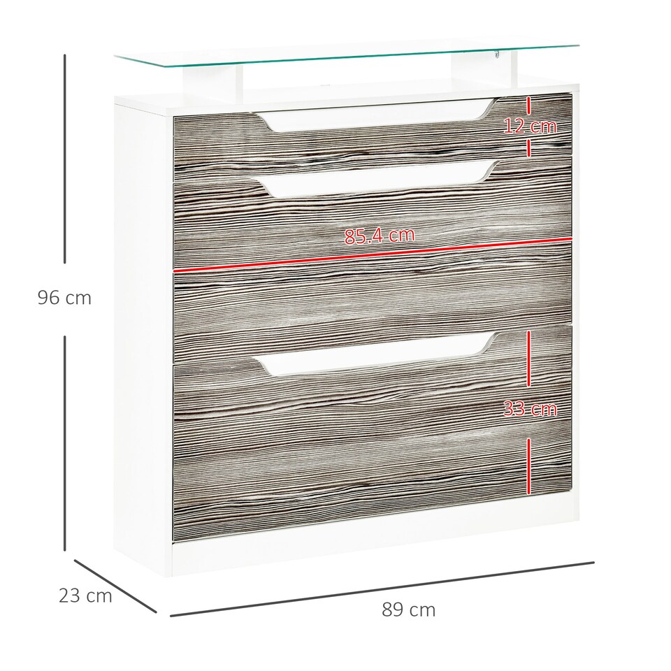 image 1 of HOMCOM Shoe Cabinet with 3 Drawers, High Gloss Front Panels, Glass Top Grey