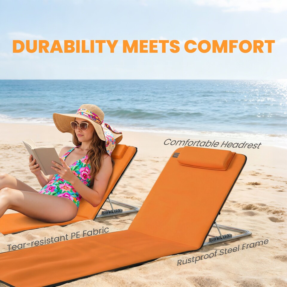 image 1 of Outsunny 2 Pieces Outdoor Beach Mat Steel Reclining Chair Set Orange | Orange | Orange | One Size