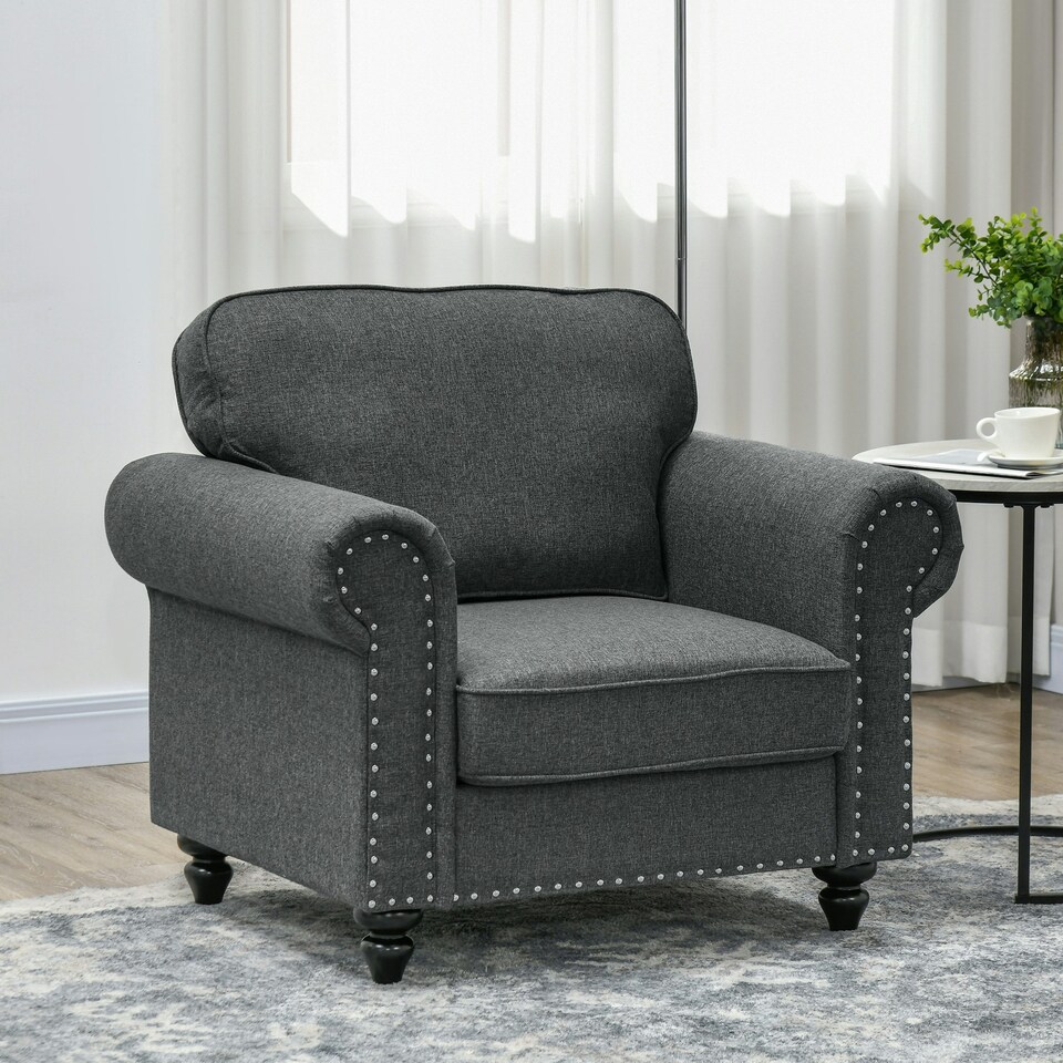 image 1 of HOMCOM Mid-Century Armchair Upholstered Accent Chair w/ Wood Frame, Grey