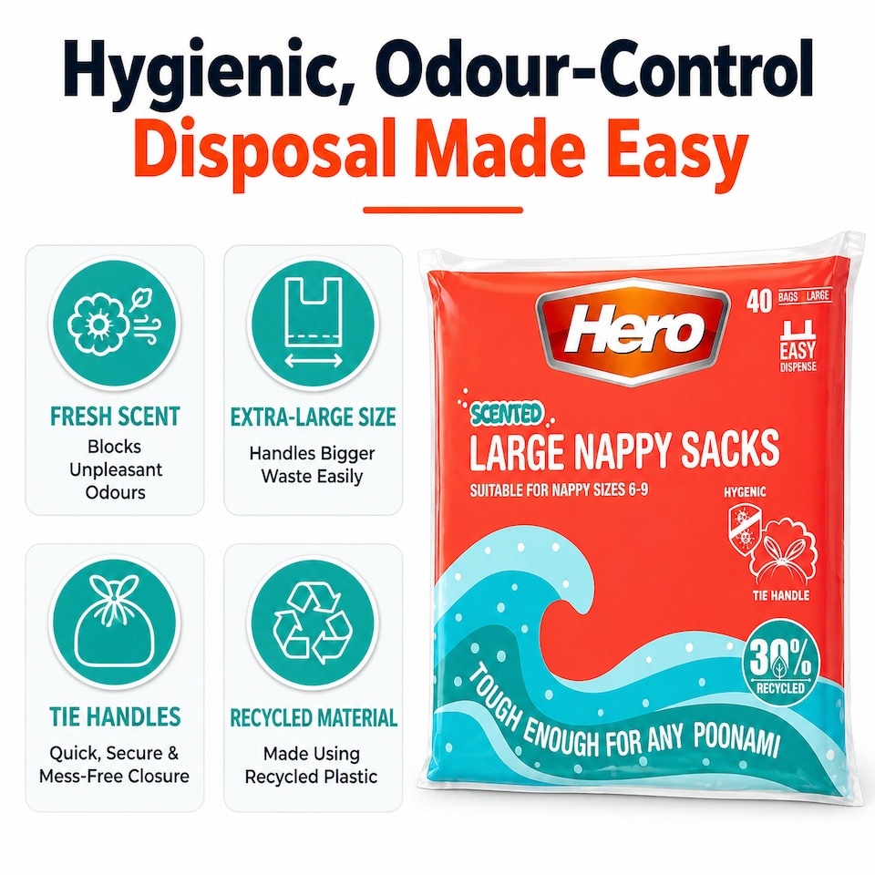 image 1 of HERO Large Scented Nappy Sacks – Pack of 40 | Adult Nappy Disposal Bags | Large Dog Waste Bags | Incontinence Waste Bags with Tie Handles | Fresh Scent, Hygienic