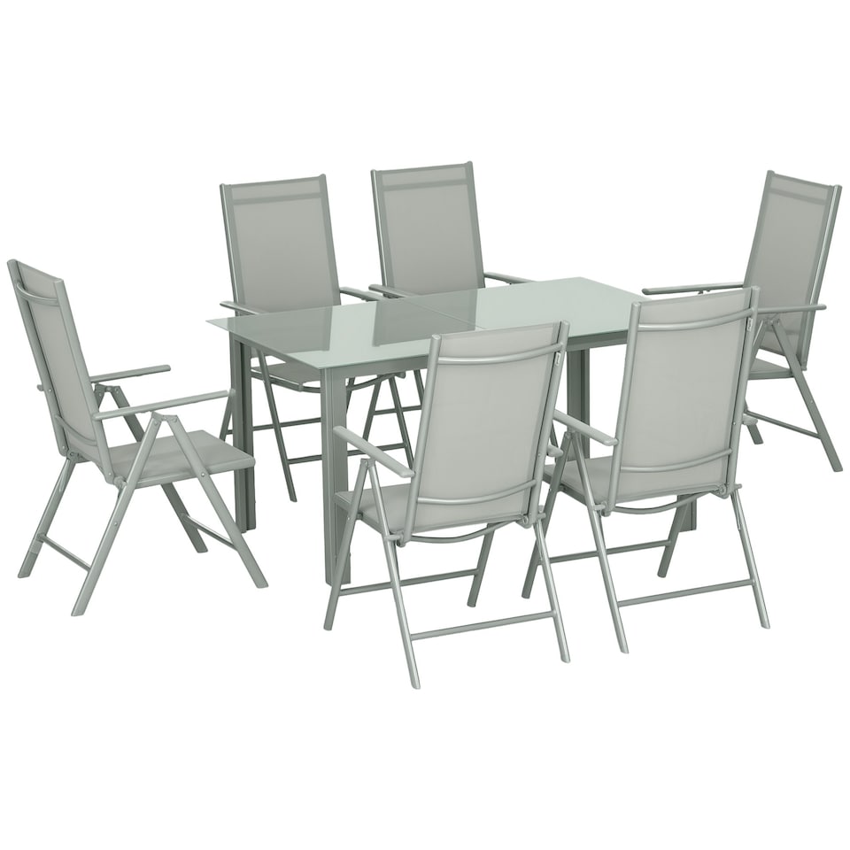 image 1 of Outsunny 7 Piece Garden Dining Set, Outdoor Table and 6 Folding and Reclining Chairs, Aluminium Frame, Tempered Glass Top Table, Texteline Seats, Grey