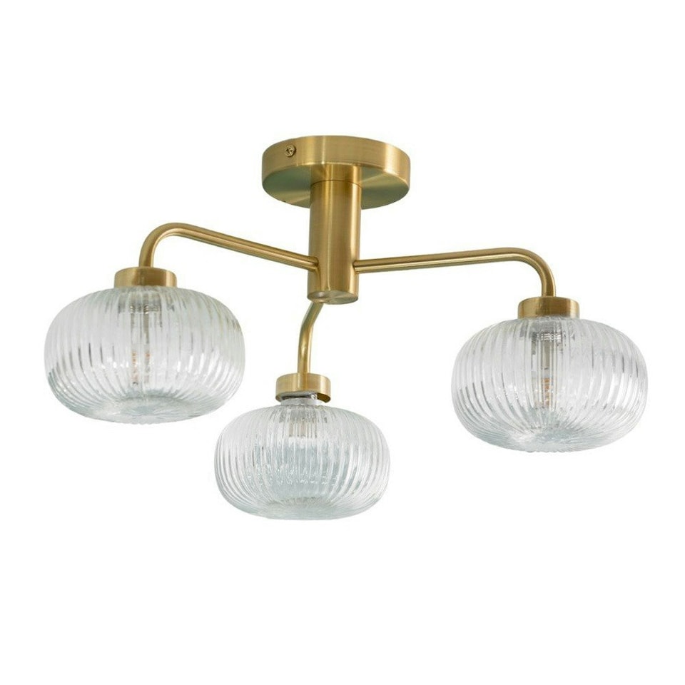 image 1 of ValueLights Amaia Brushed Gold IP44 3 Way Clear Ribbed Glass Ceiling Light with LED Bulbs