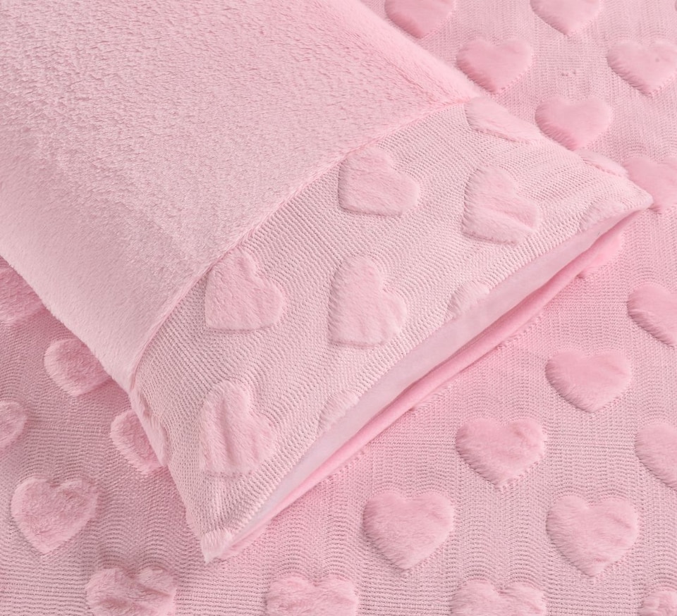 image 1 of Homes Linen Pink Hearts Teddy Fleece Duvet Cover Set Super Soft Fluffy Embossed Heart Design Warm Cosy Winter Bedding Set | Pink | Super King