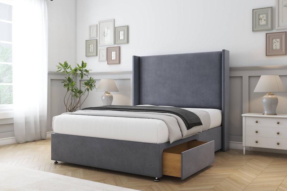 image 1 of Sloomy Devonshire Steel Plush Divan Bed Base No Drawers With 54 Inch Wingback Headboard | Grey | Steel | Small Single | 1