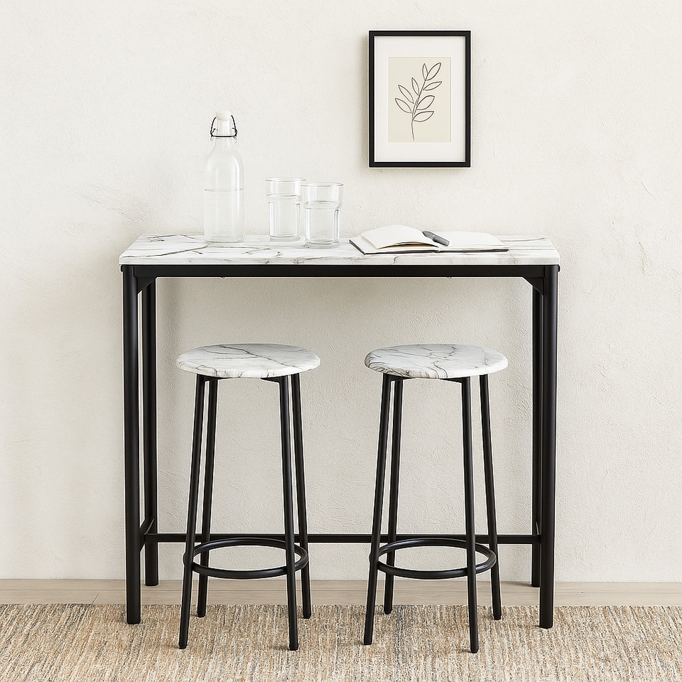 image 1 of CANCUN Bar Table & Stools Set Kitchen Dining Breakfast Industrial Furniture | Multi | 3 Piece White Marble