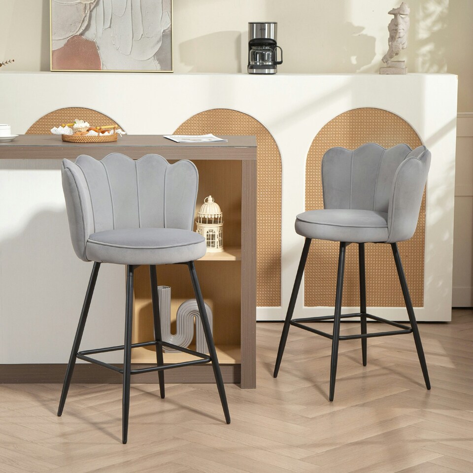 image 1 of HOMCOM Set of 2 Barstools with Petal Backrest for Kitchen Island Grey Grey
