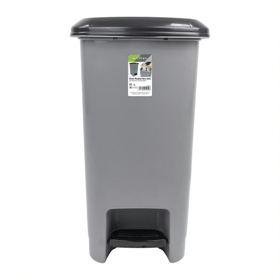 image 1 of JVL Slim Plastic Lidded Foot Pedal Waste Bin, 60L, Grey Grey