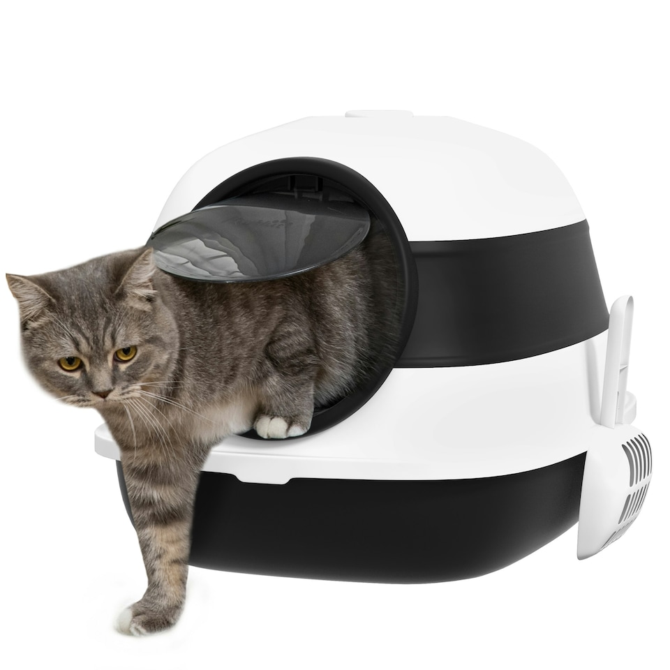 image 1 of PawHut Foldable Cat Litter Tray Hooded Cat Litter Box w/ High Side, Black