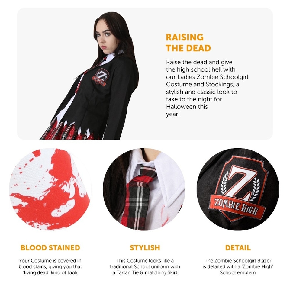 image 1 of Zombie Schoolgirl Costume With Stockings | Multi | 2XL