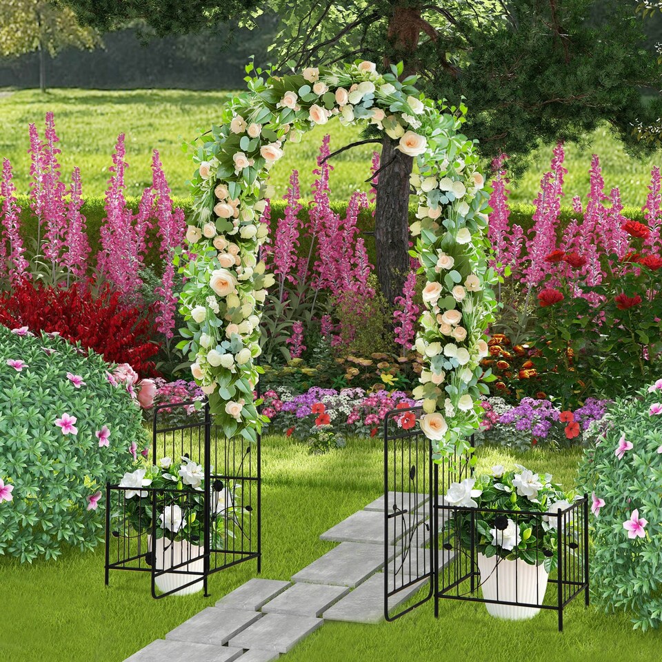 image 1 of COSTWAY Metal Garden Arbor Arch Trellis with 2 Side Planters