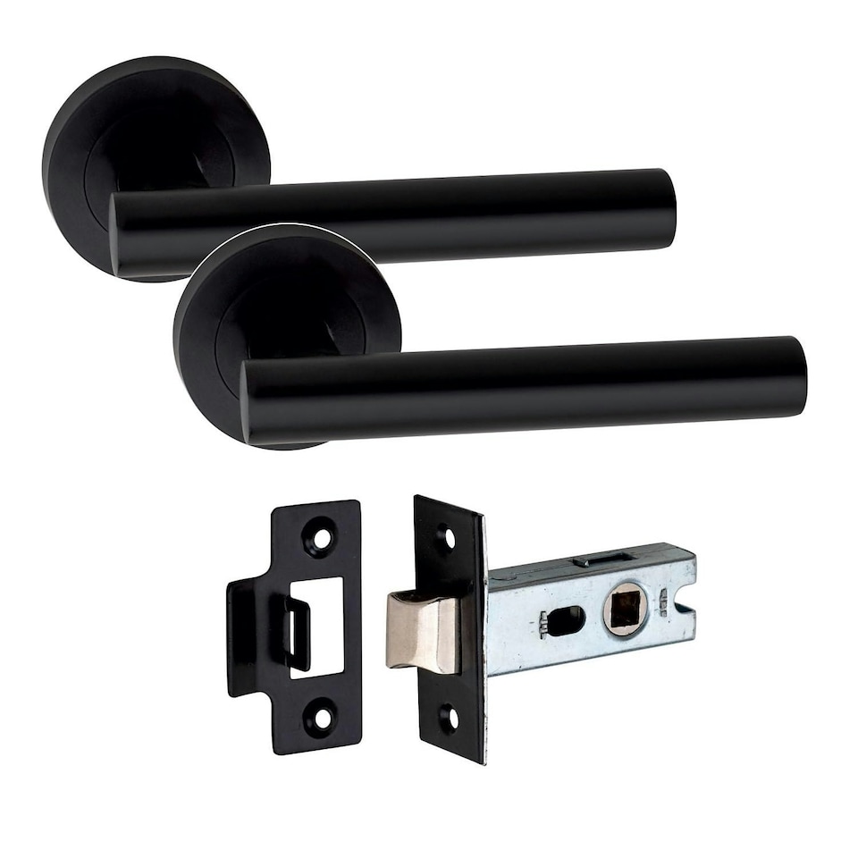 image 1 of Golden Grace 4 Pair of Straight T-Bar Design Door Handle On Round Rose Latch Door Handles with 2.5" Tubular Latch Black