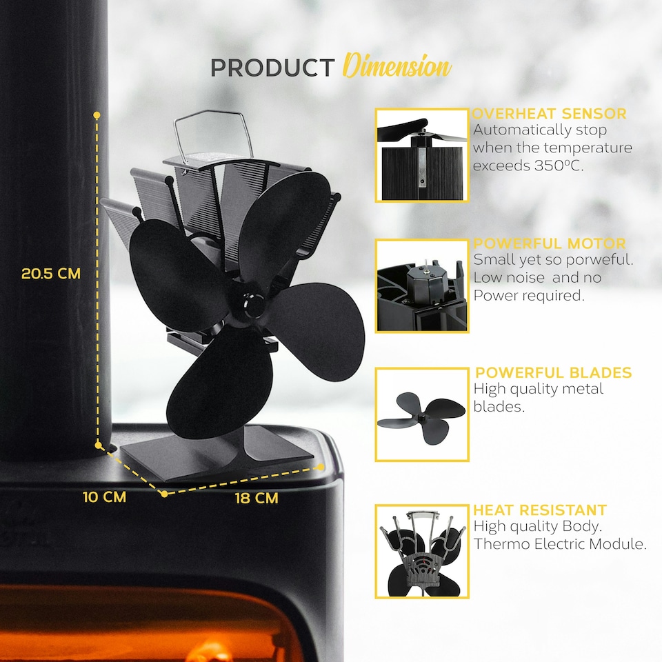 image 1 of MONHOUSE Heat Powered Stove Fan - 4 Aluminum Alloy Blades - Eco Friendly Log Burner Fan with Overheat Protection - Silent & Efficient Heat Distribution