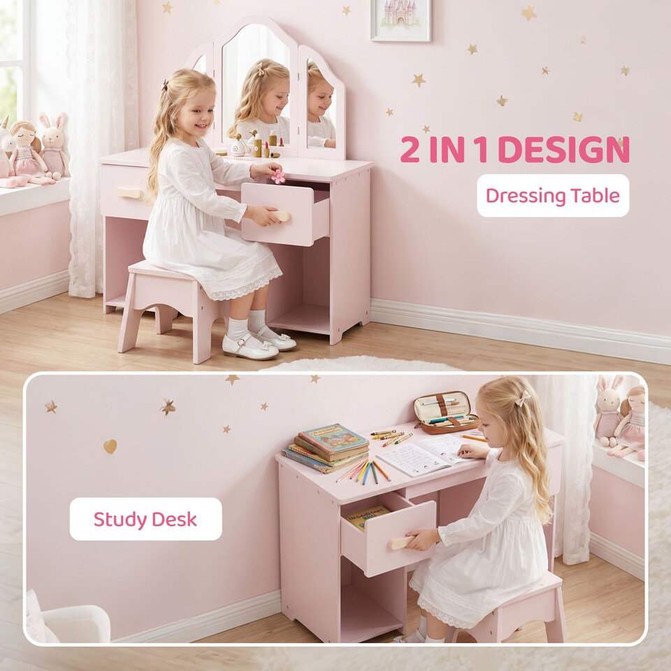 image 1 of AIYAPLAY Kids Vanity Table and Chair Set with Tri-Folding Mirror for 3+
