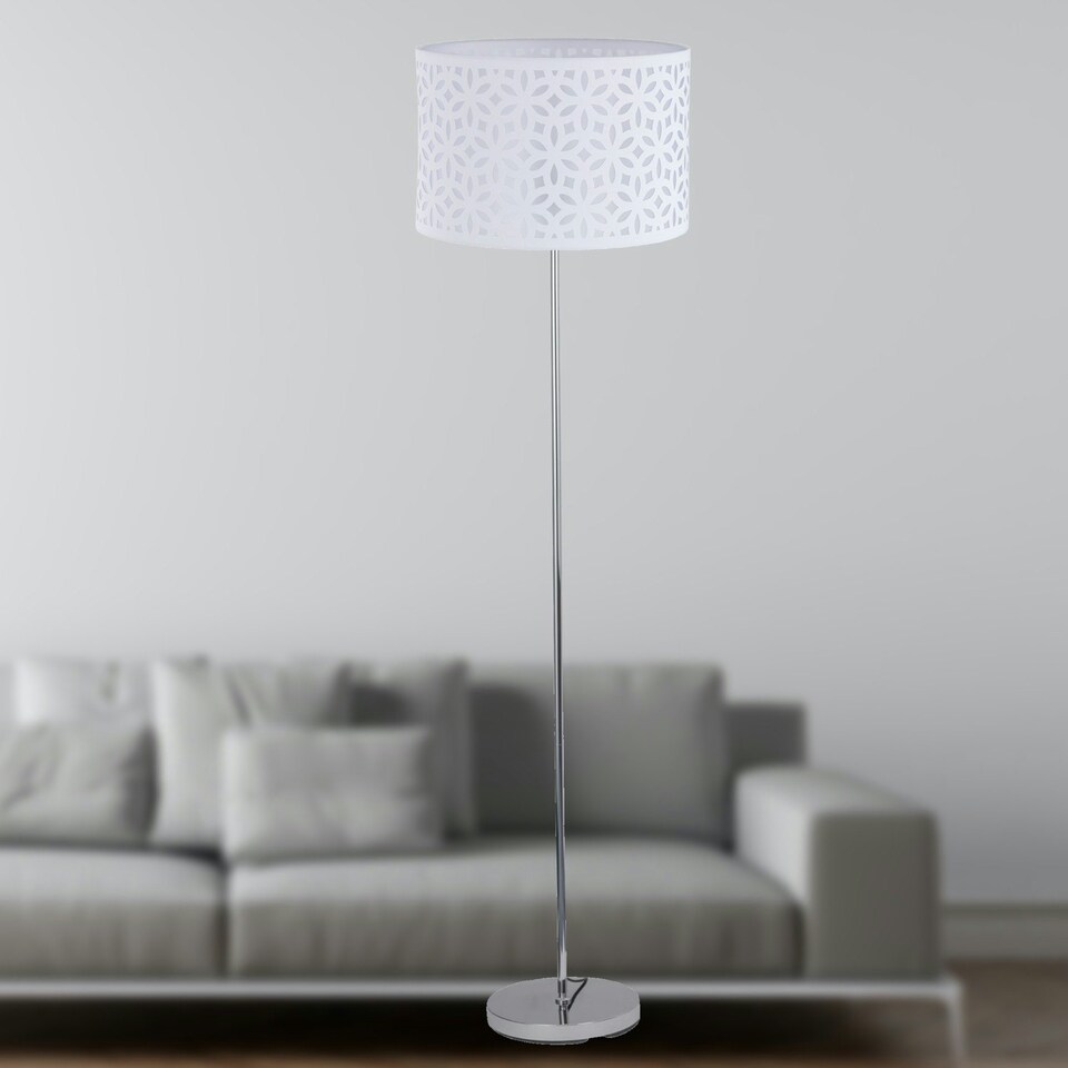 image 1 of First Choice Lighting Chrome Stick Floor Lamp with White Laser Cut Shade Chrome | White