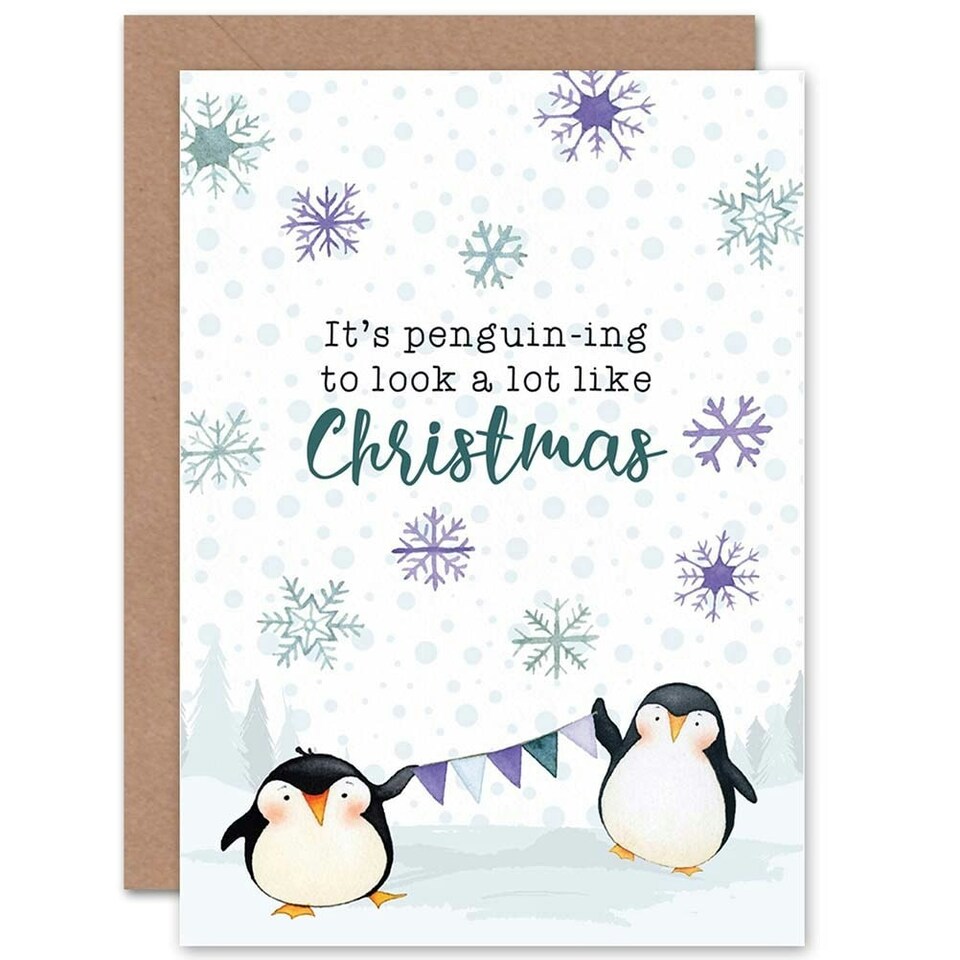 image 1 of Funny Pun Cute Penguins Beginning To Look Like Christmas Card