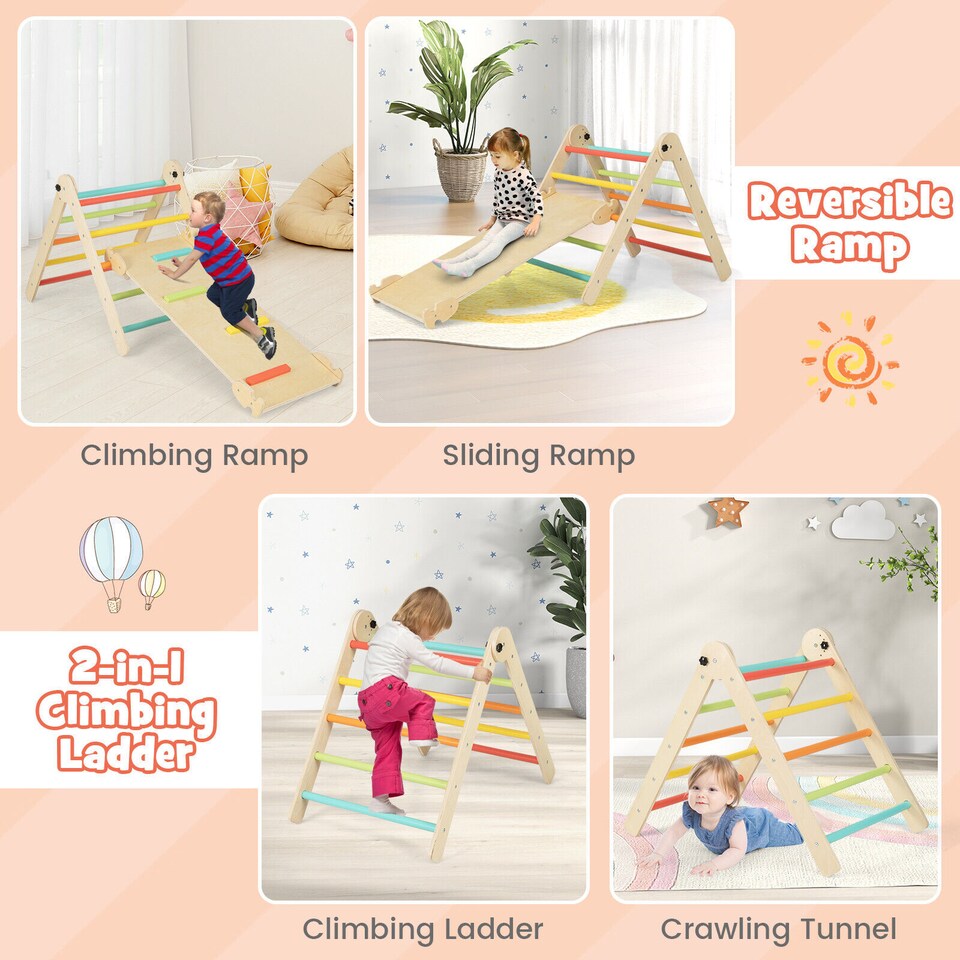 image 1 of COSTWAY 3-in-1 Triangular Climbing Toys Outdoor Toddlers Foldable Triangle Set