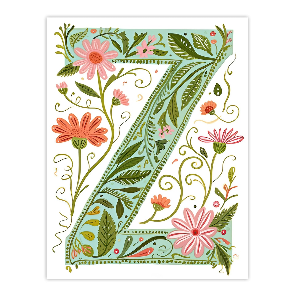 image 1 of Letter Z Wildflowers Floral Birthday Gift Mum Black Framed Wall Art Print A4
