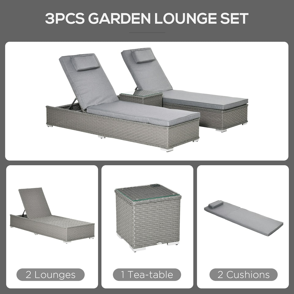 image 1 of Outsunny 3 PCS Outdoor Rattan Lounger Table Sectional Conversation Furniture Set
