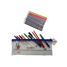 Stationery Filled Blue Zip 13x5" Pencil Case with Colouring Pencils
