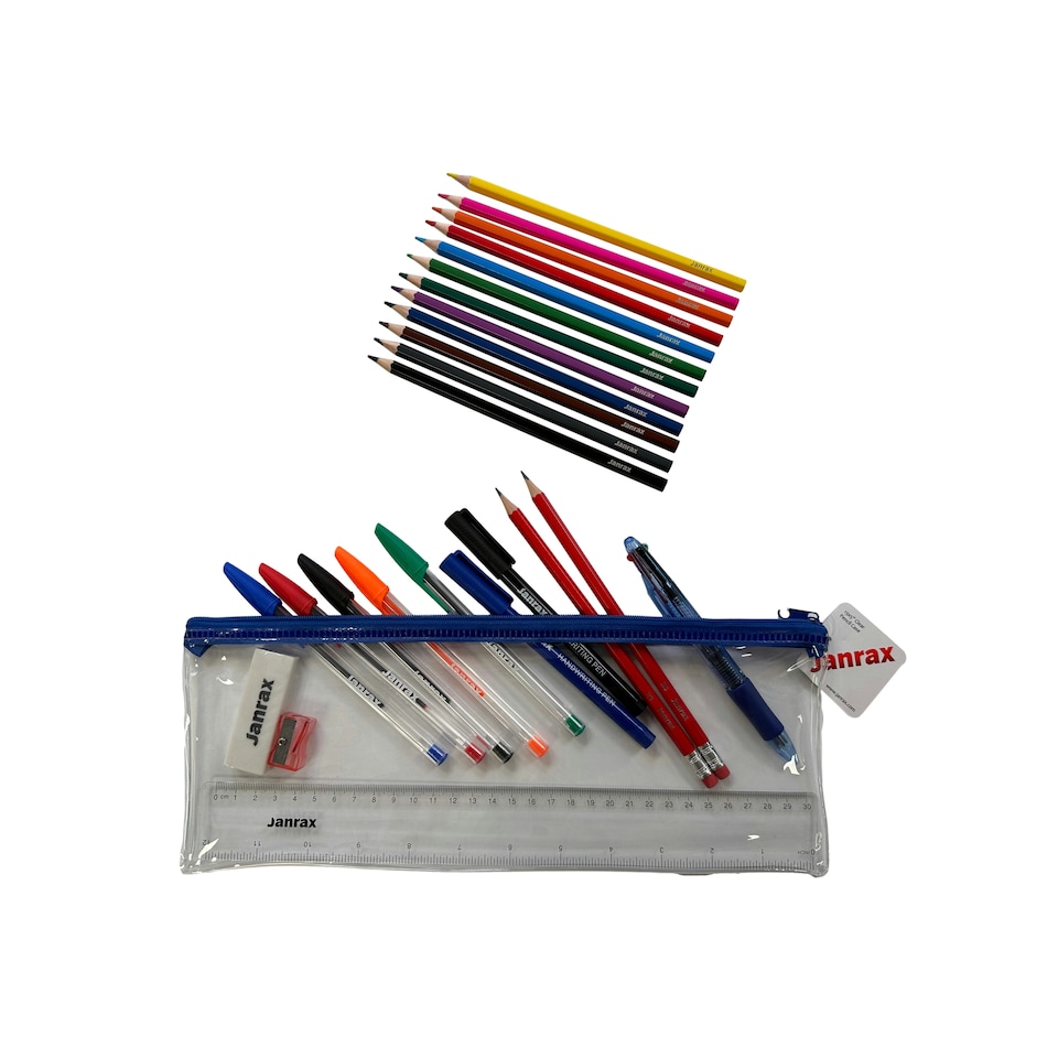 image 1 of Stationery Filled Blue Zip 13x5" Pencil Case with Colouring Pencils