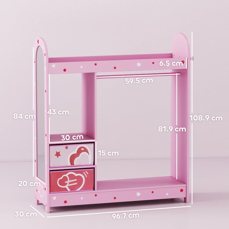 image 1 of AIYAPLAY Kids Wardrobe, Kids Clothes Rail with Mirror for Bedroom, Pink