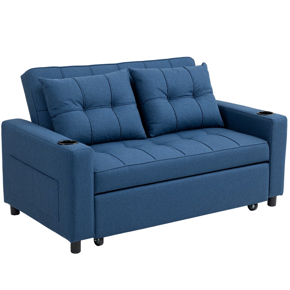 image 1 of HOMCOM 2 Seater Sofa Bed, Linen Click Clack Sleeper Sofa with Pull Out Design, 2 Pillows, Cup Holders, Side Pockets, Convertible Loveseat Bed Settee for Living Room, 157x190cm, Dark Blue