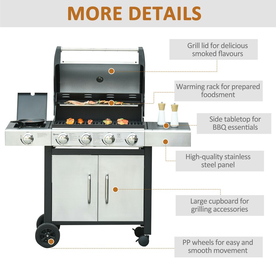 image 1 of Outsunny Deluxe Gas Barbecue Grill 4+1 Burner Garden BBQ w/ Large Cooking Area