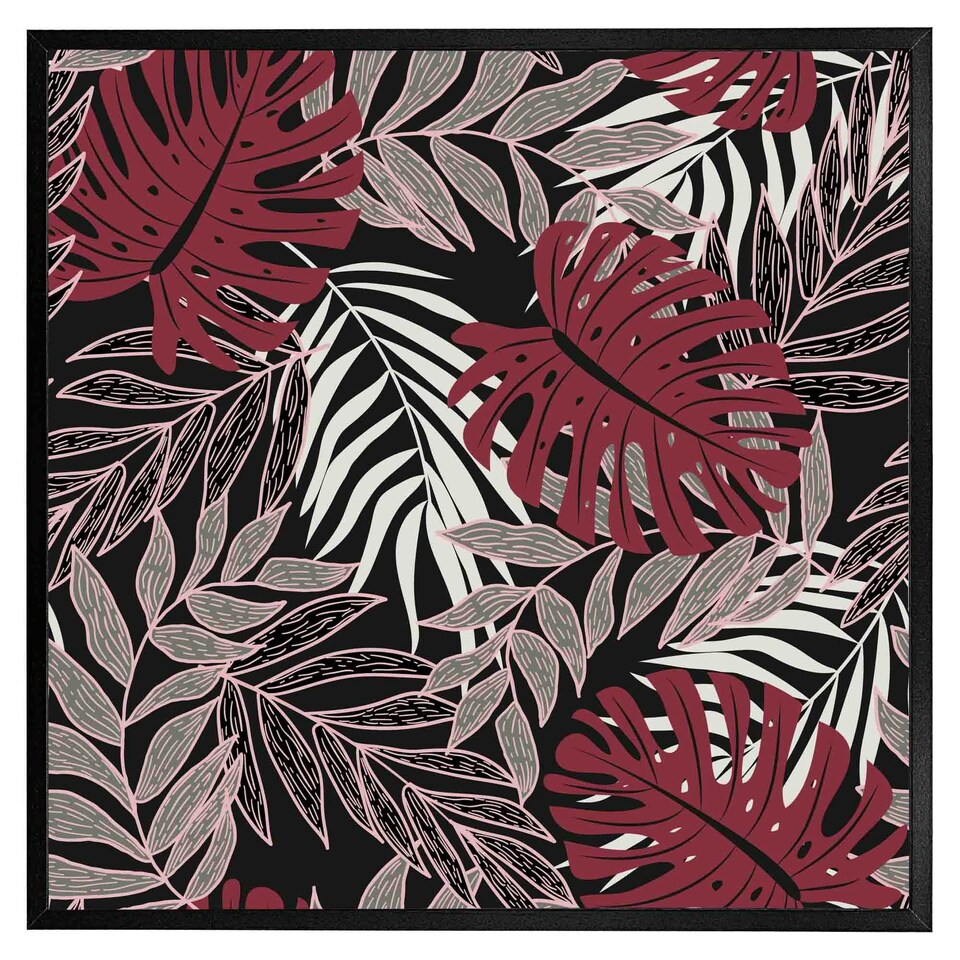 image 1 of Tropical leaves in red, white & grey (Picutre Frame) Grey | XL