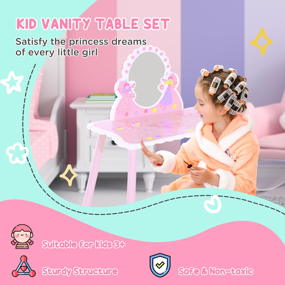 image 1 of HOMCOM Kids Dressing Table Girls Pink Wooden Kids Dressing Table & Stool Make Up Desk Chair Toys Fairy Dresser Play Set w Mirror