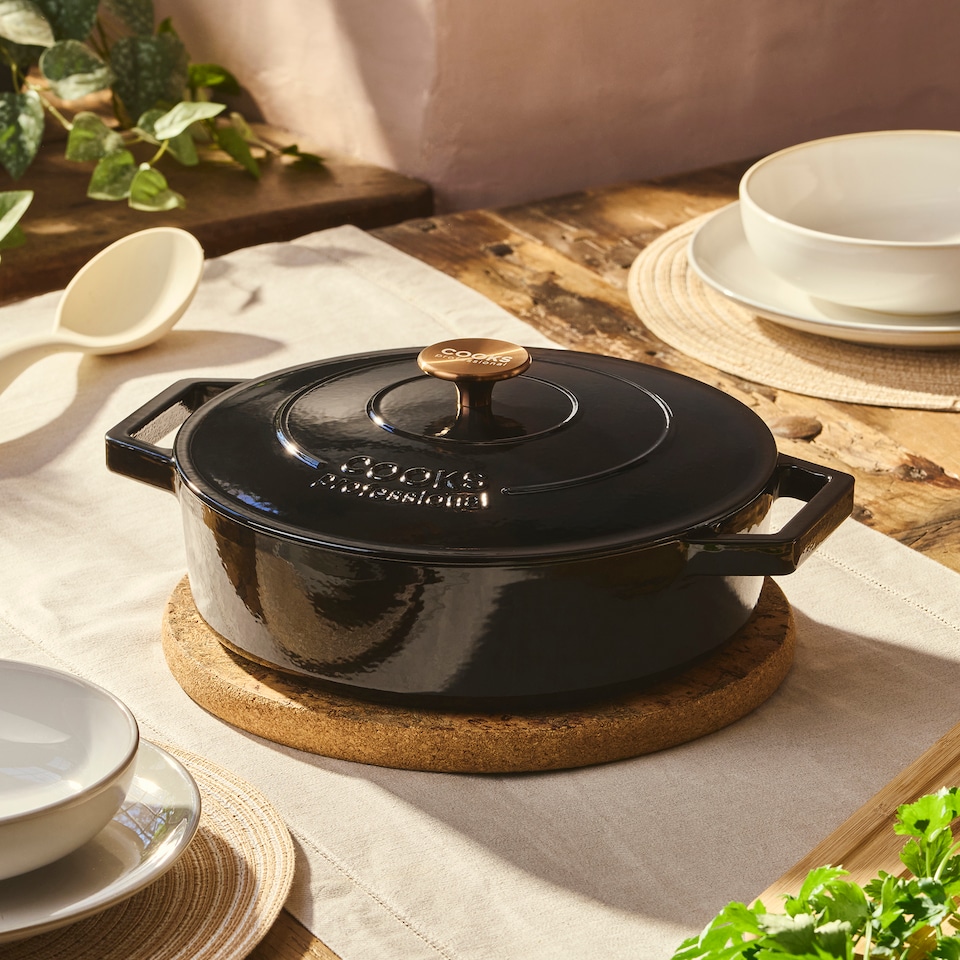 image 1 of Cooks Professional Cast Iron Casserole Dish 28cm - Ovenproof Pan with Lid | Black | Matt Black