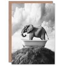 Elephant in Bathtub on a Hill Black White Surreal Birthday Greeting Card