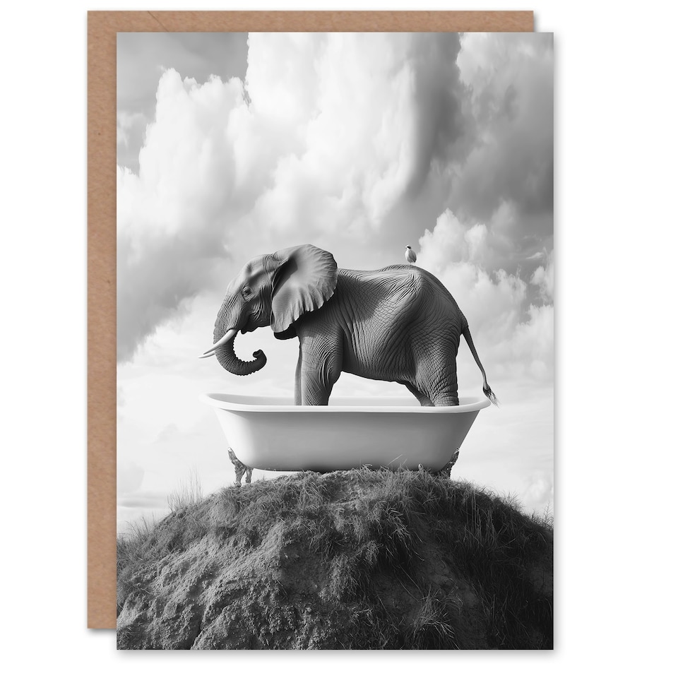 image 1 of Elephant in Bathtub on a Hill Black White Surreal Birthday Greeting Card