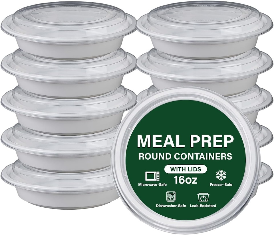 image 1 of 16oz Round White Plastic Meal Prep Containers With Lid BPA Free Food Storage Box