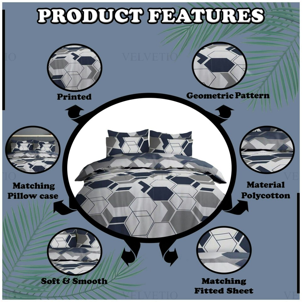 image 1 of VELVETIO Aster Geo Complete Duvet Cover Set with Fitted Sheet Breathable Bedding Quilt Blue | Single