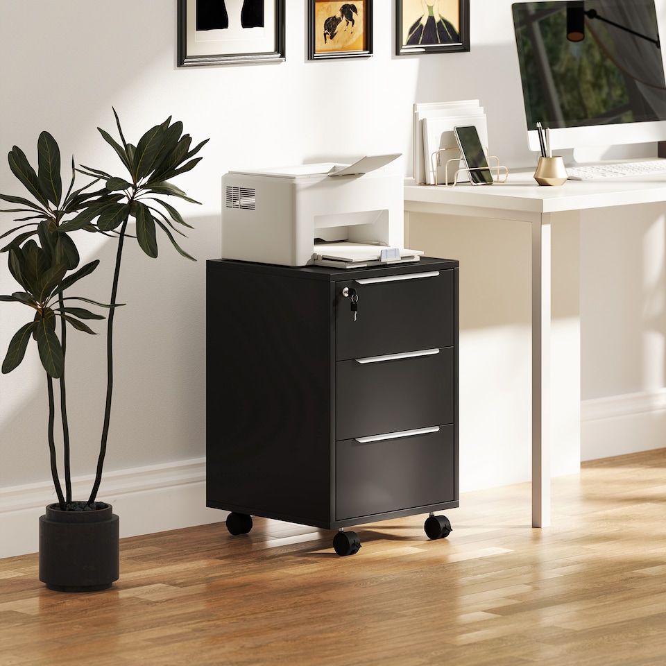 image 1 of HOMCOM 3-Drawer Lockable Filing Cabinet, File Cabinet on Wheels, Mobile Office Storage Drawers for Home Office, Bedroom and Living Room, Black | Black | Black