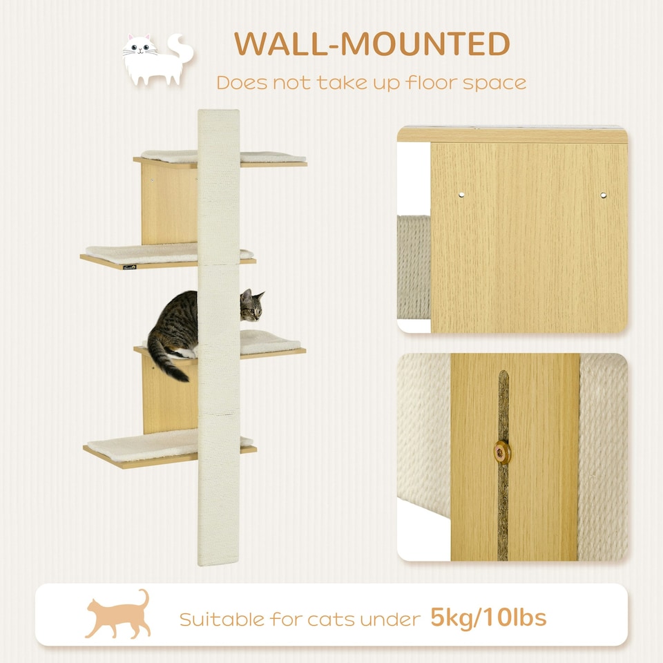 image 1 of PawHut Cat Wall Furniture 4-Layer Wall Mounted Shelf with Cushions Oak Tone