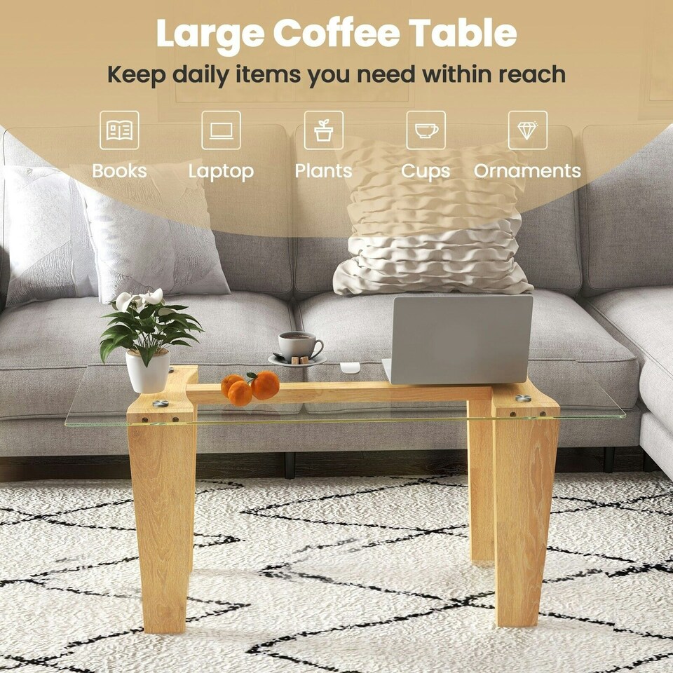 image 1 of COSTWAY Rectangle Coffee Table Tempered Glass Top Center Table Brown
