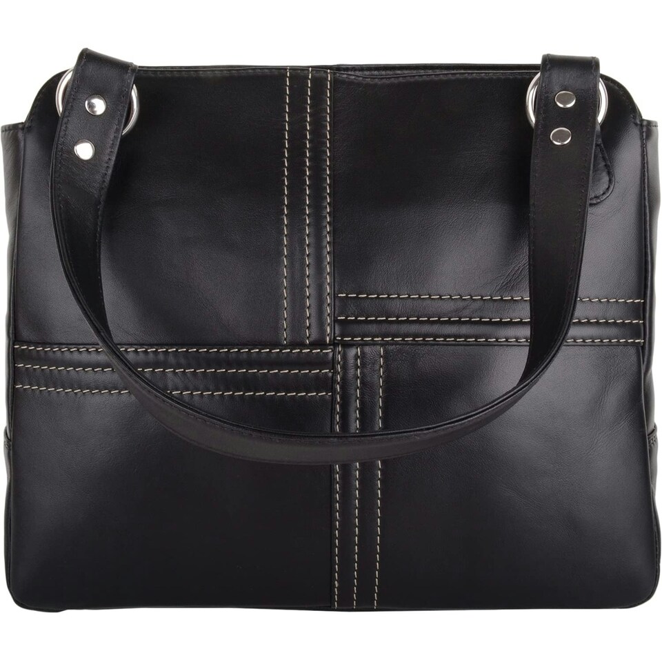 image 1 of Large Genuine Soft Leather Shoulder Contrast Stitch Handbag Black | Black