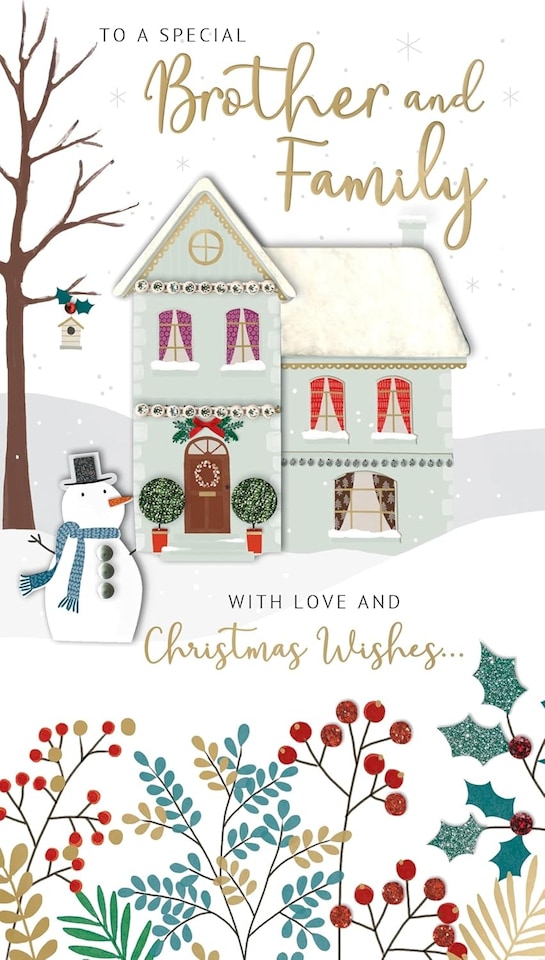 image 1 of Snowman Embellished Hand-Finished Brother & Family Christmas New Year Card