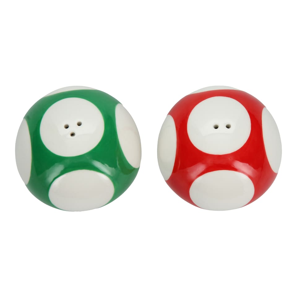image 1 of Super Mario Mushroom Salt and Pepper Set,Red and Green Ceramic Shakers for Kitchen Decor,Official Nintendo Gift,Paladone