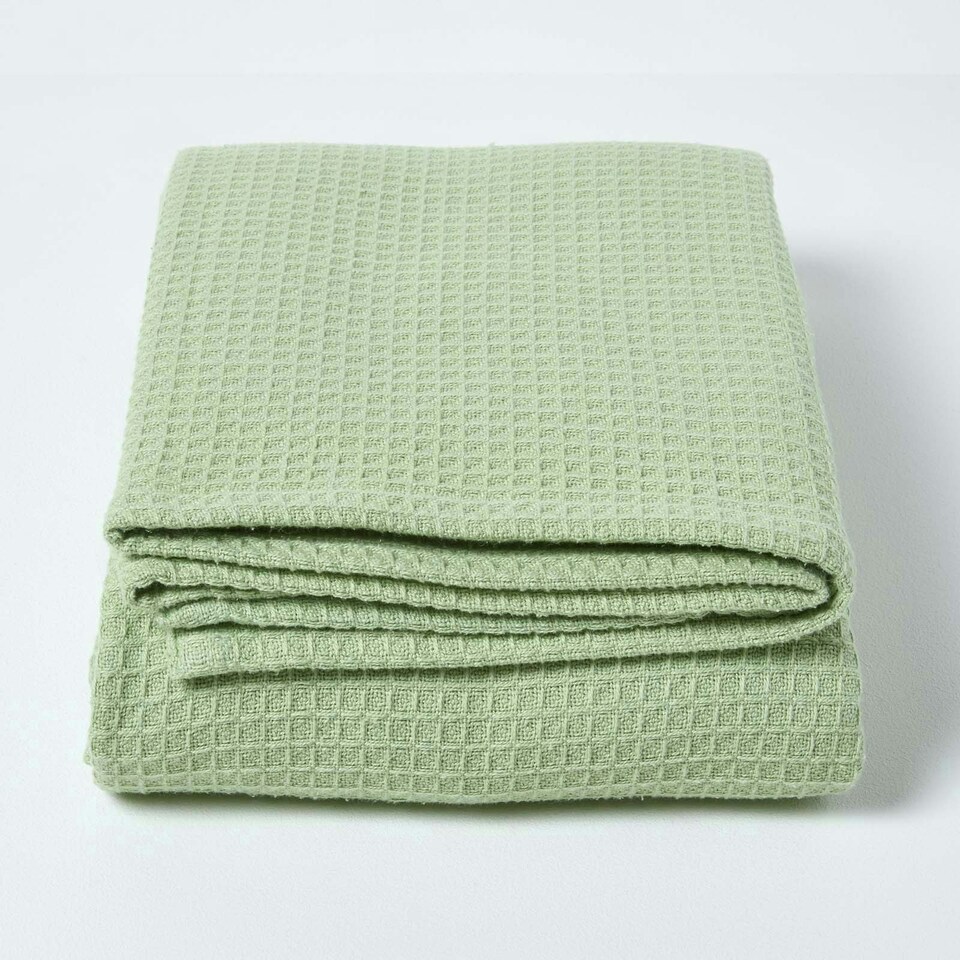 image 1 of Homescapes Organic Cotton Waffle Blanket/ Throw Sage Green - 280 x 230 cm | Green