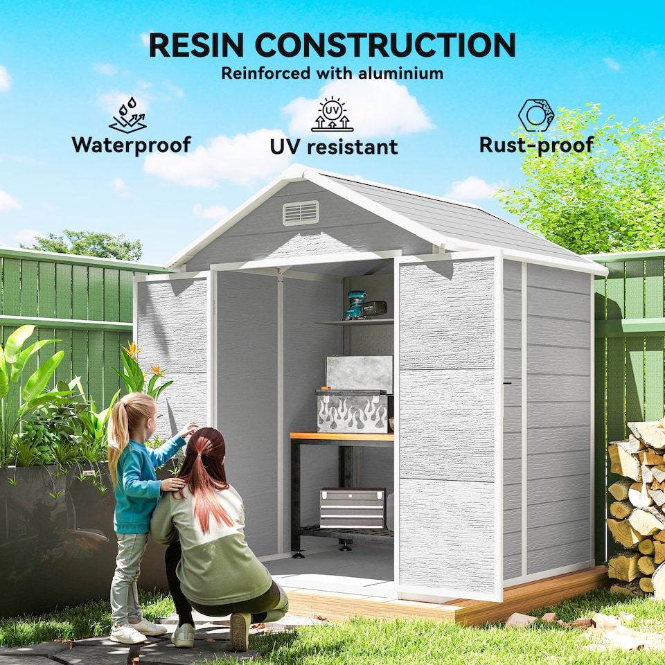 image 1 of Outsunny 6 x 5ft Garden Shed, Plastic Shed with Floor, Window, Lockable Doors and Vents, Wood Effect Resin Tool Shed for Outdoor Patio, Light Grey | Grey | 1